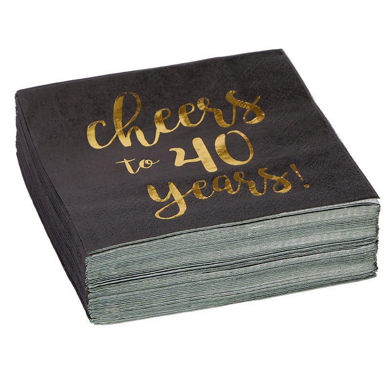 BLUE PANDA 40th Birthday Napkins - 5 x 5 In, 50-Pack, 3-Ply, Black & Gold Foil - Cheers to 40 Years & Cocktail Napkins for Birthday Party Decor - Image 4